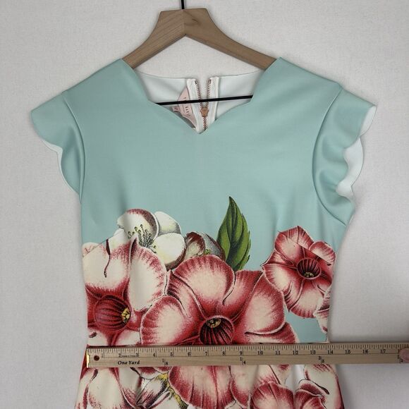 Ted Baker Dress Womens 2 Mint Pastel Scuba Knit Floral‎ Fit Flare Feminine Event - Picture 12 of 16